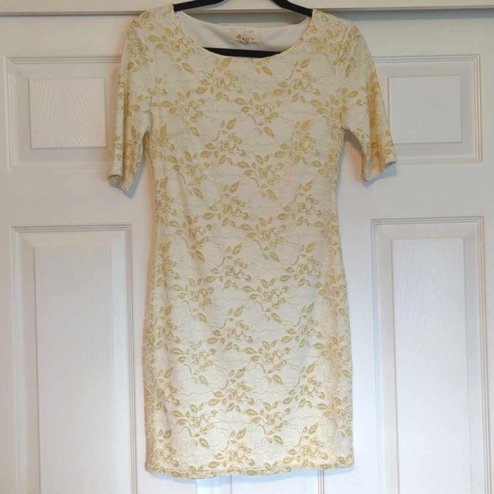 Fitted White and Gold Lace Dress